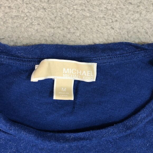 Michael Kors Blouse Womens M Blue Flake Shirt Ruffle Sleeve Preppy Round‎ Neck - Picture 2 of 7